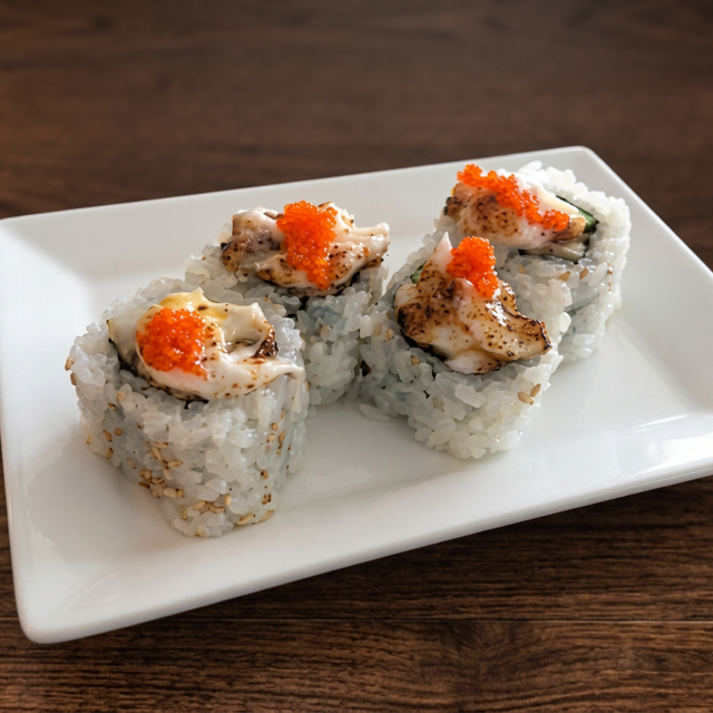Vegan Baked Spicy Scallop Roll.