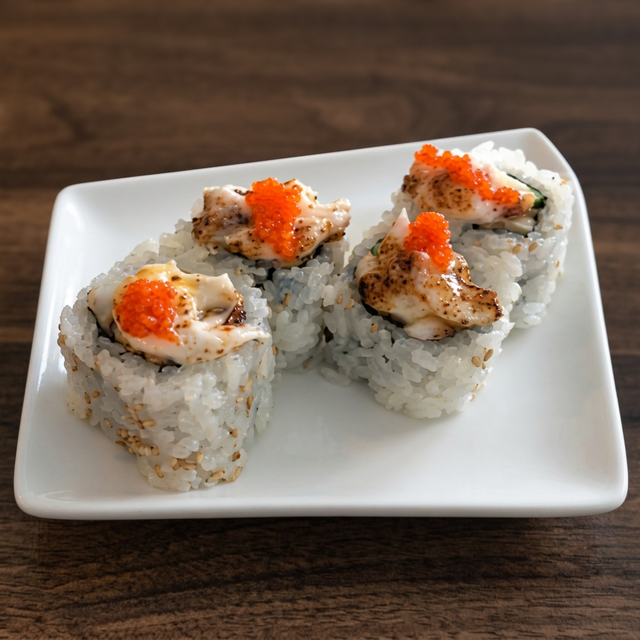 Vegan Baked Spicy Scallop Roll.